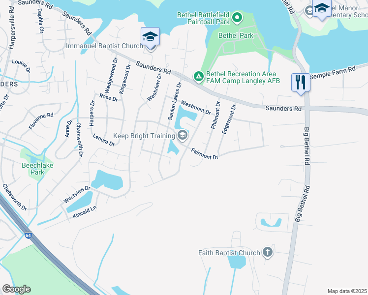 map of restaurants, bars, coffee shops, grocery stores, and more near 159 Fairmont Drive in Hampton