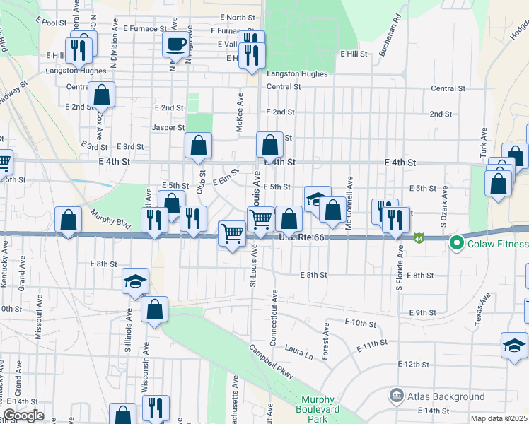 map of restaurants, bars, coffee shops, grocery stores, and more near East 6th Street in Joplin