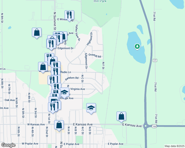 map of restaurants, bars, coffee shops, grocery stores, and more near 334 Random Road in Arkansas City