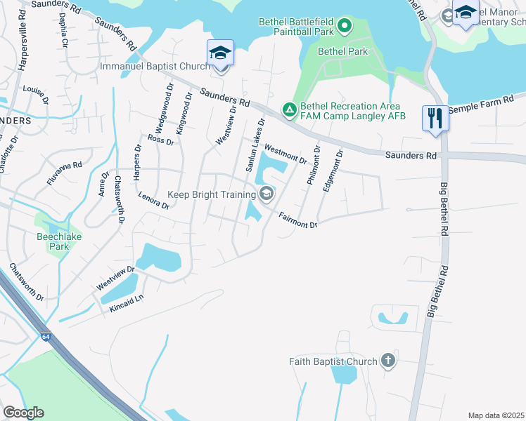 map of restaurants, bars, coffee shops, grocery stores, and more near 159 Fairmont Drive in Hampton