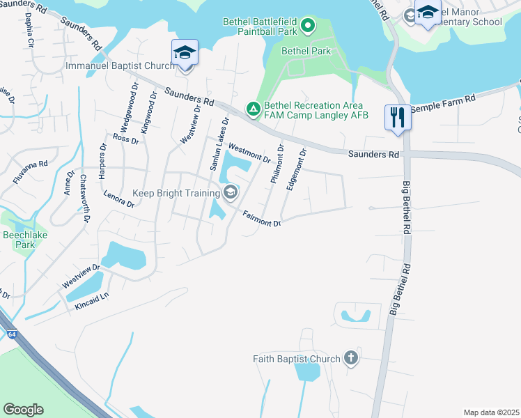 map of restaurants, bars, coffee shops, grocery stores, and more near 1 Goldmont Court in Hampton