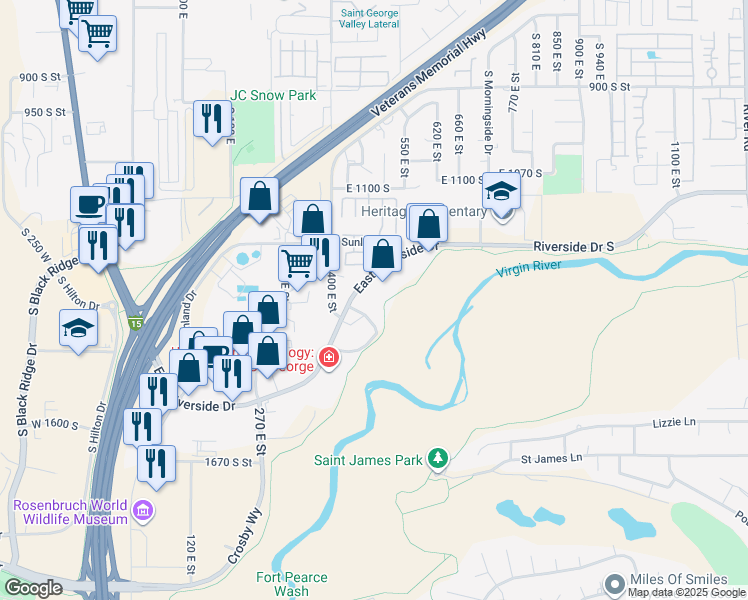 map of restaurants, bars, coffee shops, grocery stores, and more near 476 East Riverside Drive in St. George