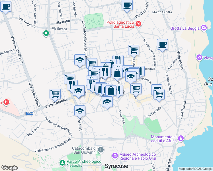 map of restaurants, bars, coffee shops, grocery stores, and more near 13 Via Francesco Laurana in Syracuse