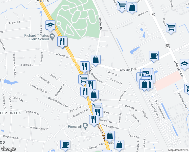 map of restaurants, bars, coffee shops, grocery stores, and more near 13 Leo Court in Newport News