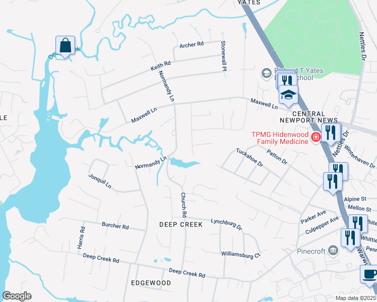 map of restaurants, bars, coffee shops, grocery stores, and more near 34 Mammoth Oak Road in Newport News
