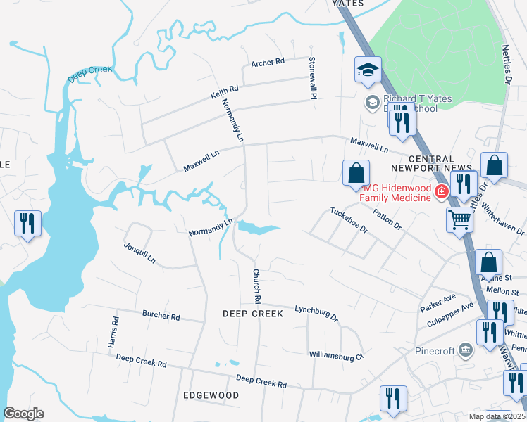 map of restaurants, bars, coffee shops, grocery stores, and more near 34 Mammoth Oak Road in Newport News