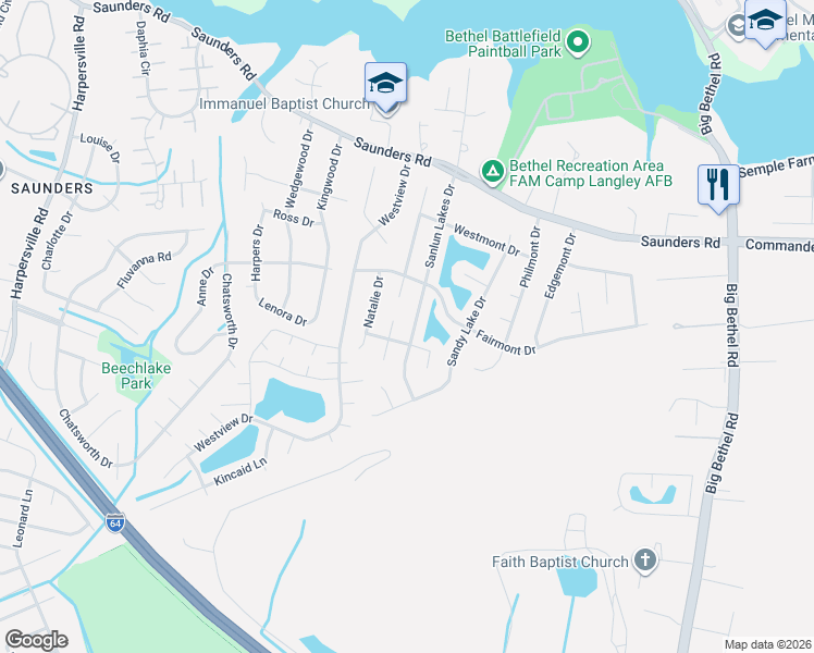 map of restaurants, bars, coffee shops, grocery stores, and more near 59 Sanlun Lakes Drive in Hampton