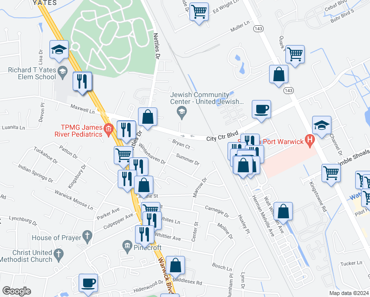 map of restaurants, bars, coffee shops, grocery stores, and more near 424 Bryan Court in Newport News