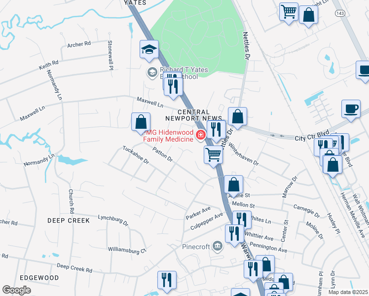 map of restaurants, bars, coffee shops, grocery stores, and more near 97 Kingsbury Drive in Newport News