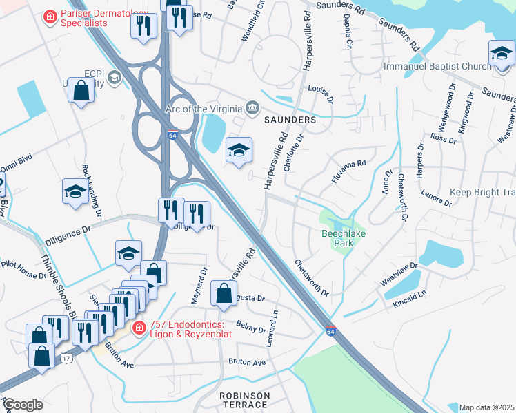 map of restaurants, bars, coffee shops, grocery stores, and more near 835 Harpersville Road in Newport News