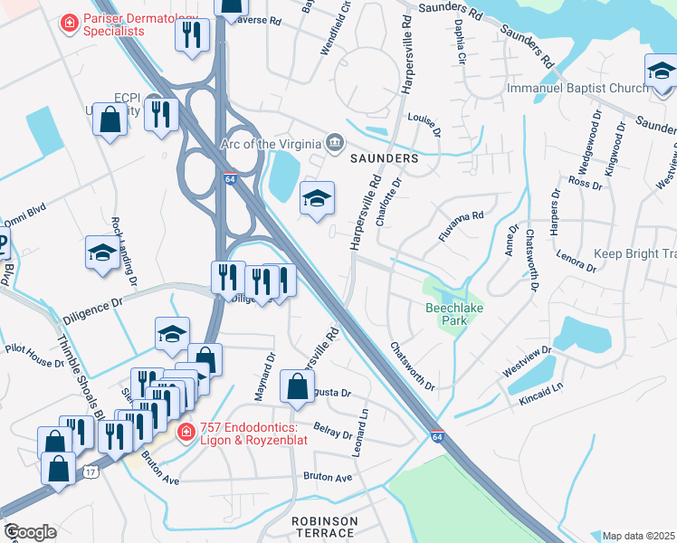map of restaurants, bars, coffee shops, grocery stores, and more near 835 Harpersville Road in Newport News