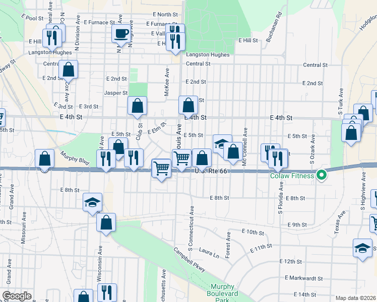 map of restaurants, bars, coffee shops, grocery stores, and more near 606-698 South Saint Charles Avenue in Joplin