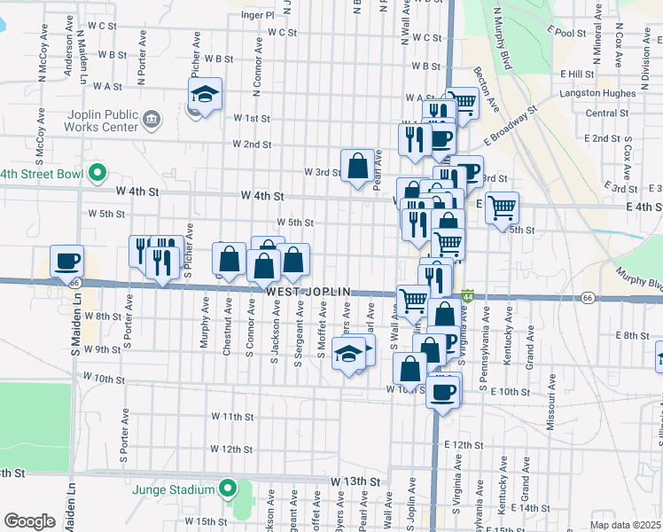 map of restaurants, bars, coffee shops, grocery stores, and more near in Joplin