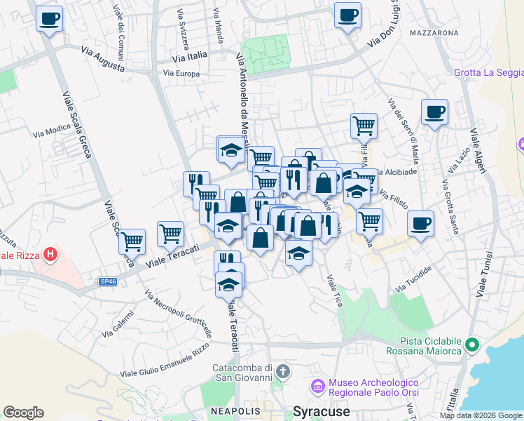 map of restaurants, bars, coffee shops, grocery stores, and more near 14 Viale Zecchino in Siracusa