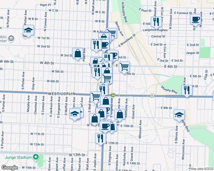 map of restaurants, bars, coffee shops, grocery stores, and more near 605 South Main Street in Joplin