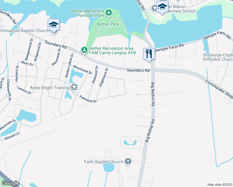 map of restaurants, bars, coffee shops, grocery stores, and more near 108 Fairmont Drive in Hampton
