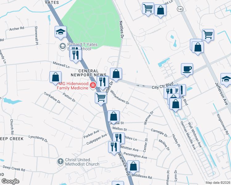 map of restaurants, bars, coffee shops, grocery stores, and more near 23 Sarah Court in Newport News