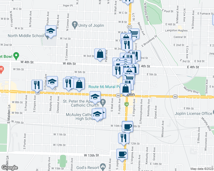 map of restaurants, bars, coffee shops, grocery stores, and more near 601 Pearl Avenue in Joplin