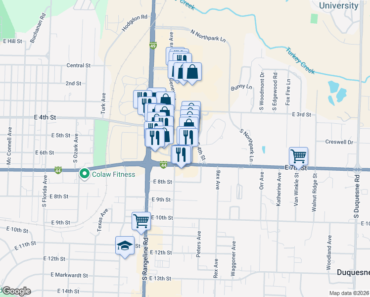 map of restaurants, bars, coffee shops, grocery stores, and more near 3151 East 7th Street in Joplin