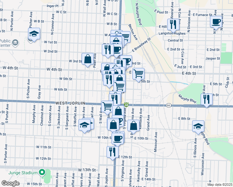 map of restaurants, bars, coffee shops, grocery stores, and more near 602 South Main Street in Joplin