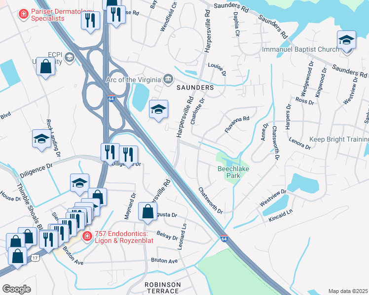 map of restaurants, bars, coffee shops, grocery stores, and more near 216 Longmeadow Drive in Newport News