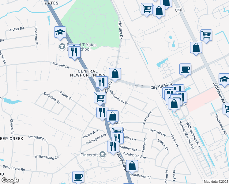 map of restaurants, bars, coffee shops, grocery stores, and more near 23 Sarah Court in Newport News