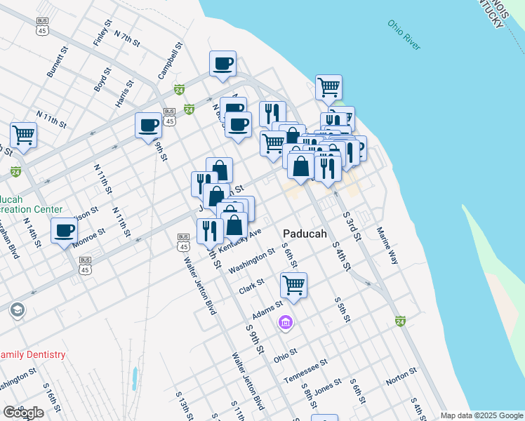 map of restaurants, bars, coffee shops, grocery stores, and more near 535 Broadway Street in Paducah