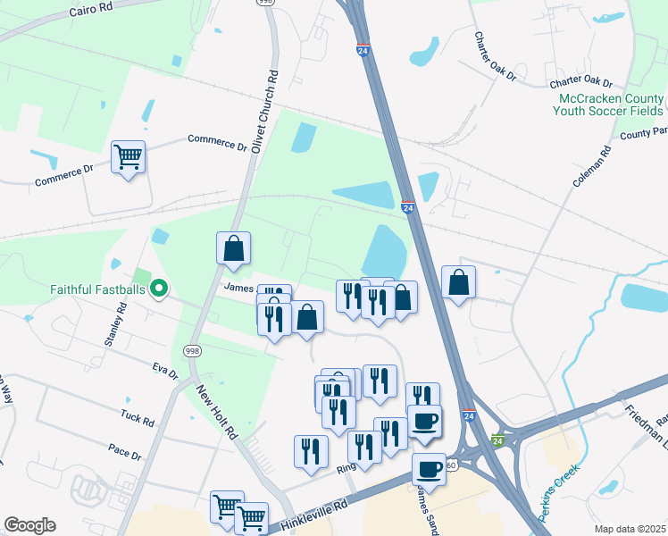 map of restaurants, bars, coffee shops, grocery stores, and more near 4791 Nace Lane in Paducah