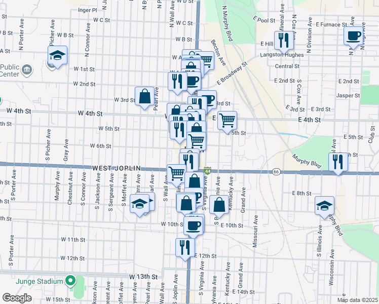 map of restaurants, bars, coffee shops, grocery stores, and more near 602 South Main Street in Joplin