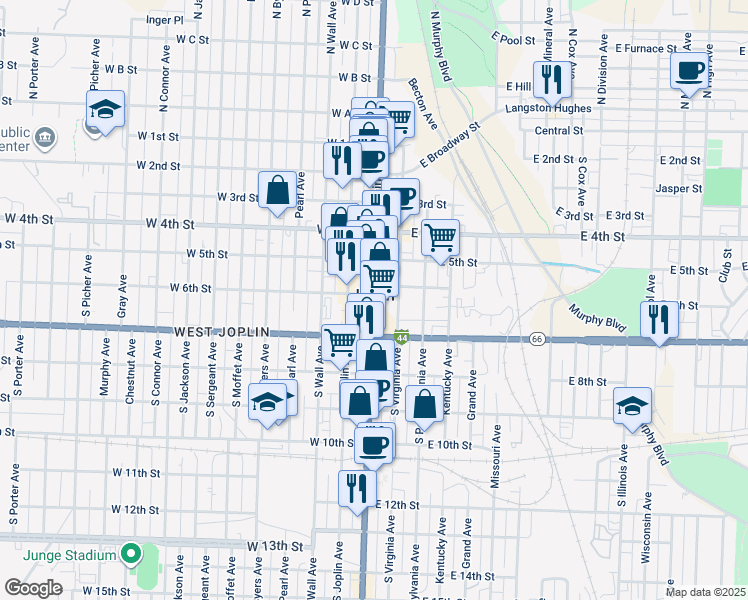 map of restaurants, bars, coffee shops, grocery stores, and more near 605 South Main Street in Joplin