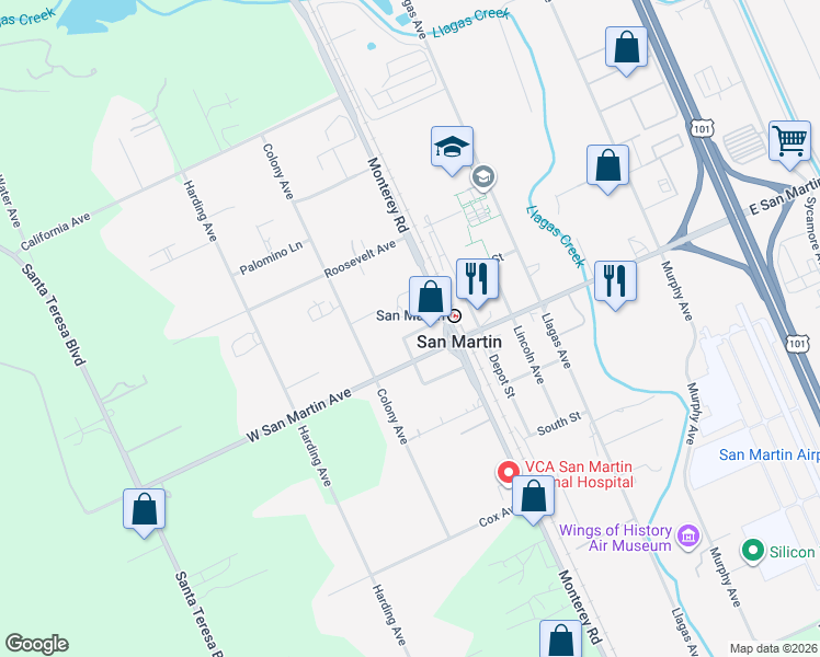map of restaurants, bars, coffee shops, grocery stores, and more near 65 Burbank Avenue in San Martin