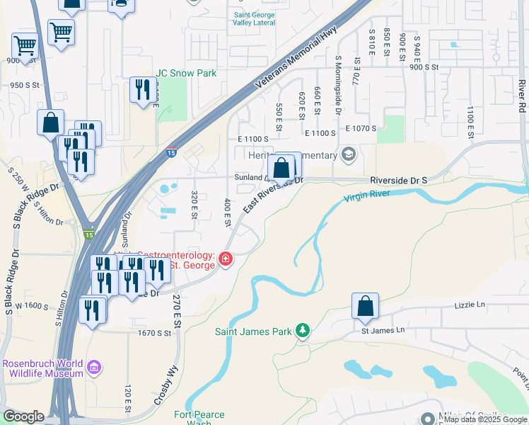 map of restaurants, bars, coffee shops, grocery stores, and more near 476 East Riverside Drive in St. George
