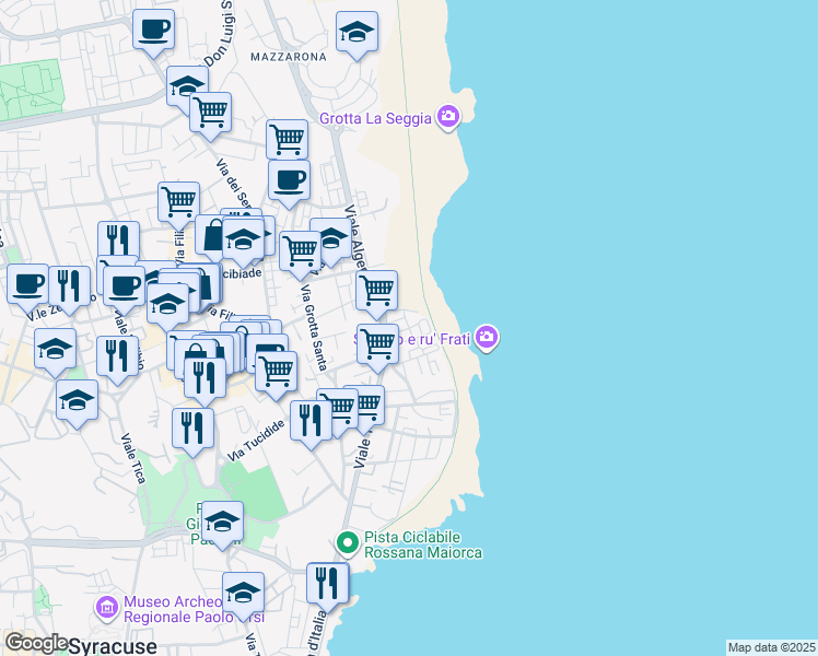 map of restaurants, bars, coffee shops, grocery stores, and more near 7 Via Corrado Ignazio Giuliano in Siracusa