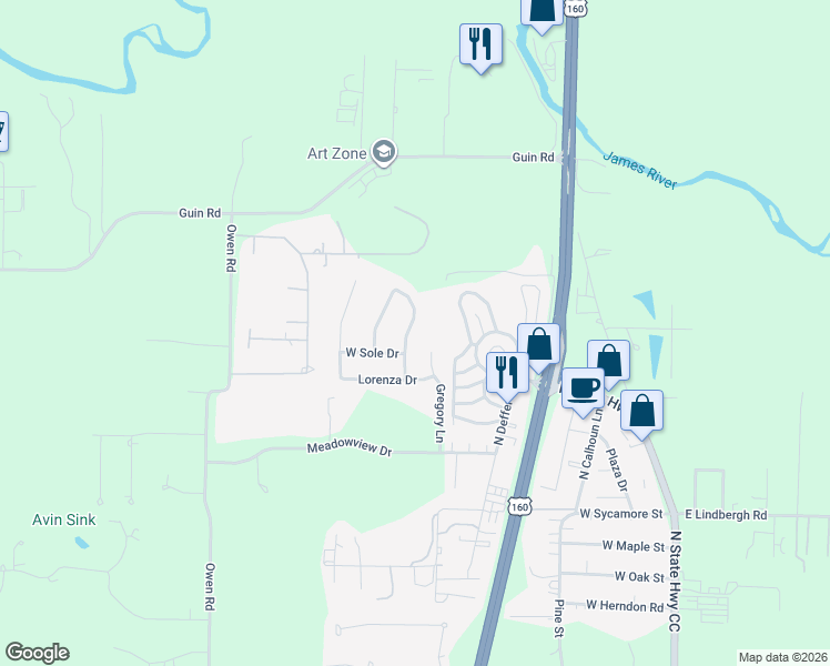 map of restaurants, bars, coffee shops, grocery stores, and more near 866 Seabrook Drive in Nixa