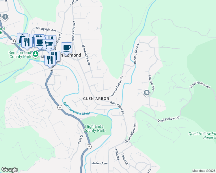 map of restaurants, bars, coffee shops, grocery stores, and more near 9369 Manzanita Avenue in Ben Lomond