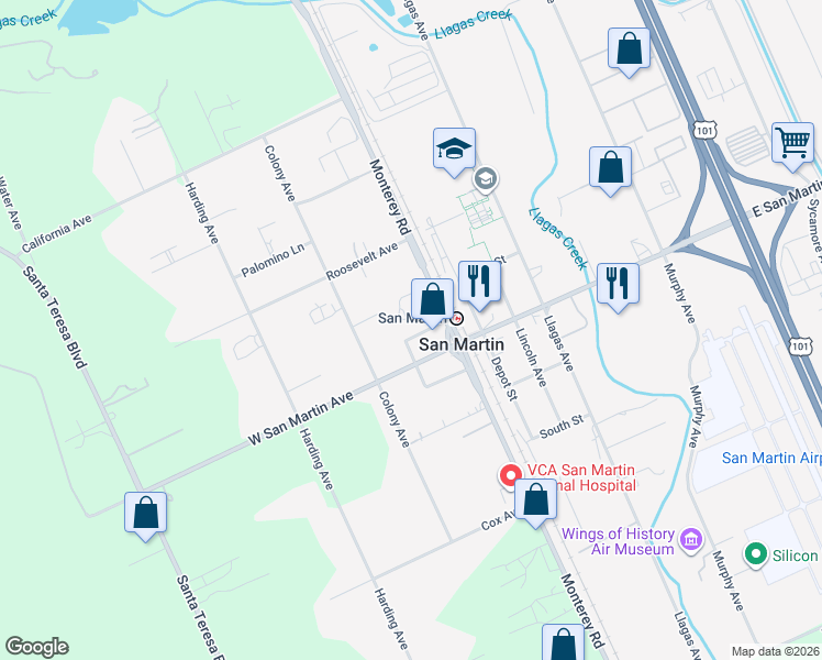map of restaurants, bars, coffee shops, grocery stores, and more near 65 Burbank Avenue in San Martin