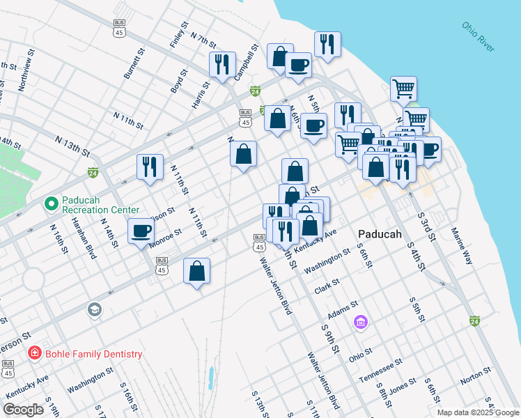 map of restaurants, bars, coffee shops, grocery stores, and more near 220 North 9th Street in Paducah