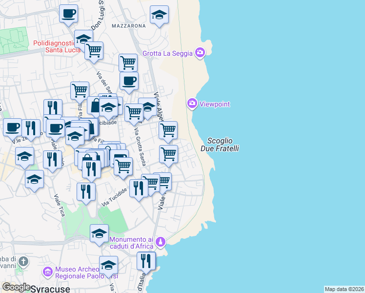 map of restaurants, bars, coffee shops, grocery stores, and more near 7 Via Corrado Ignazio Giuliano in Siracusa