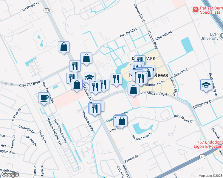 map of restaurants, bars, coffee shops, grocery stores, and more near 11824 Fishing Point Drive in Newport News