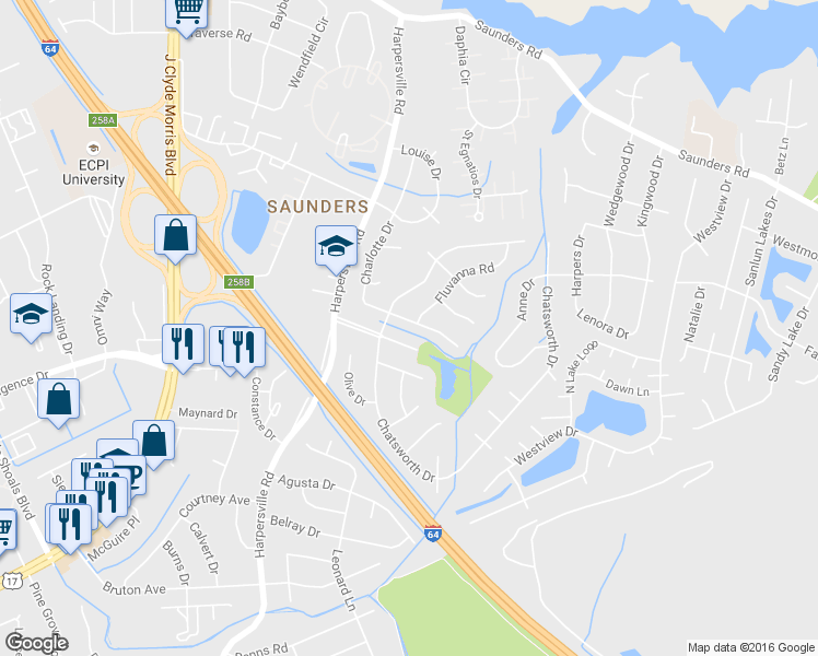 map of restaurants, bars, coffee shops, grocery stores, and more near 214 Charlotte Drive in Newport News