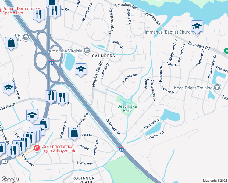 map of restaurants, bars, coffee shops, grocery stores, and more near 214 Charlotte Drive in Newport News