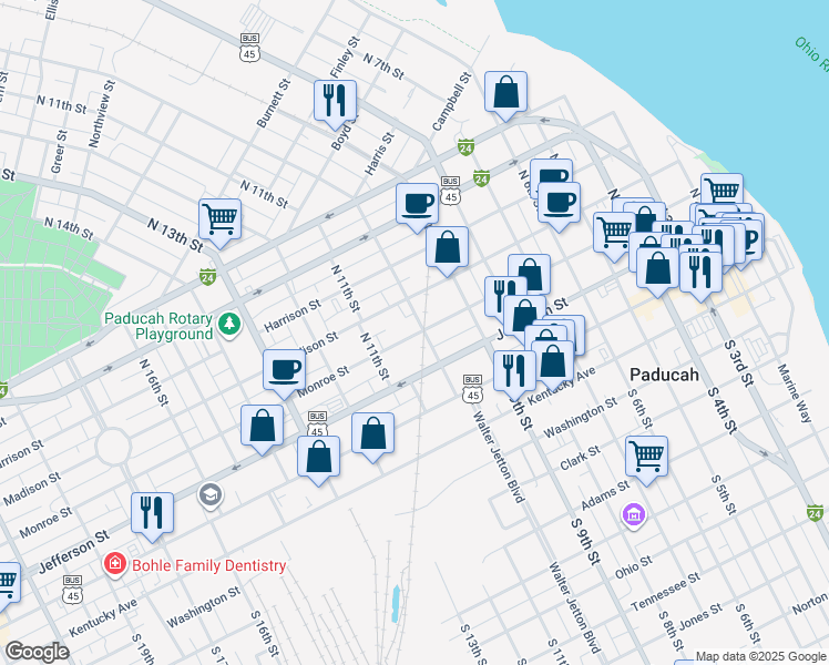 map of restaurants, bars, coffee shops, grocery stores, and more near 1003 Monroe Street in Paducah