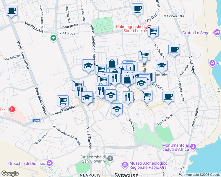 map of restaurants, bars, coffee shops, grocery stores, and more near 30 Via Ignazio Marabitti in Siracusa