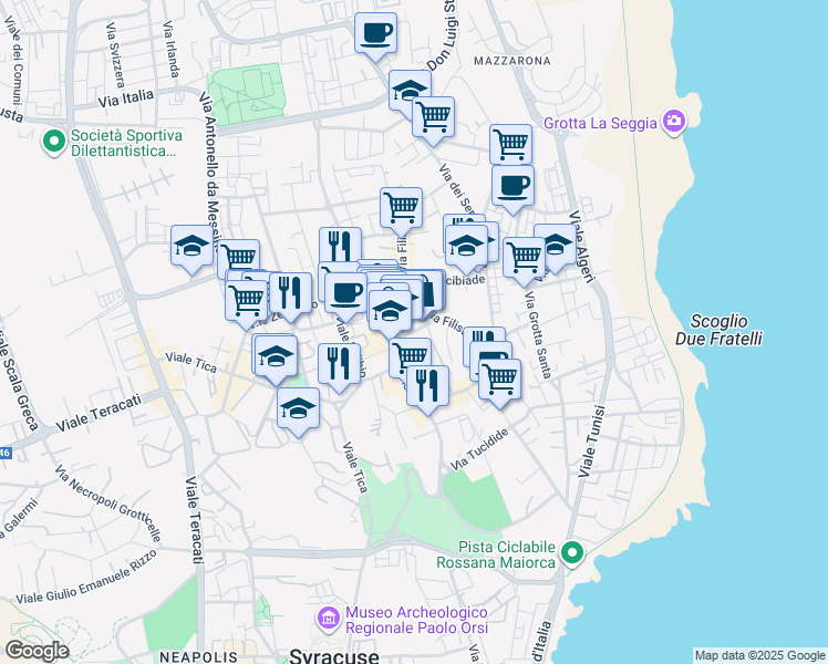 map of restaurants, bars, coffee shops, grocery stores, and more near 28 Via Pitia in Siracusa
