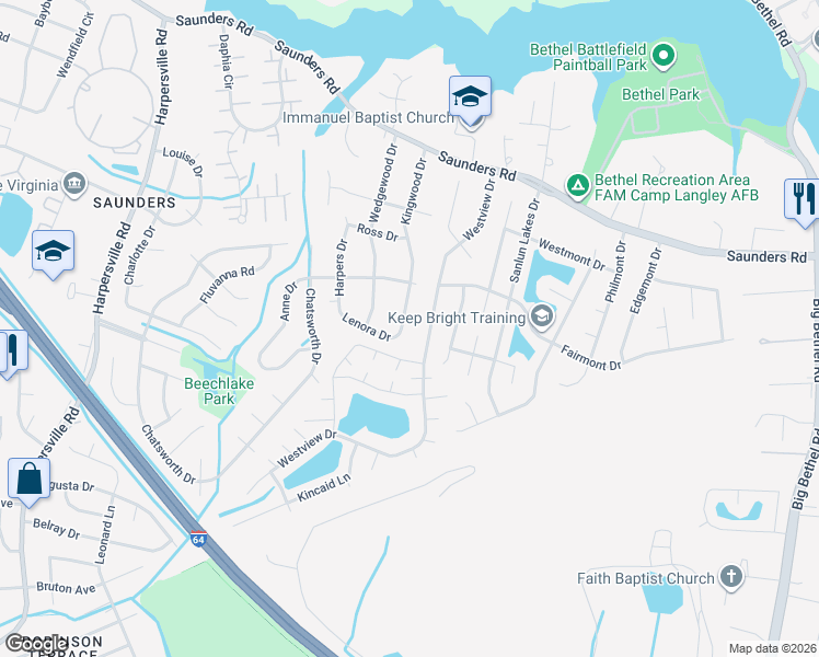 map of restaurants, bars, coffee shops, grocery stores, and more near 48 Westview Drive in Hampton