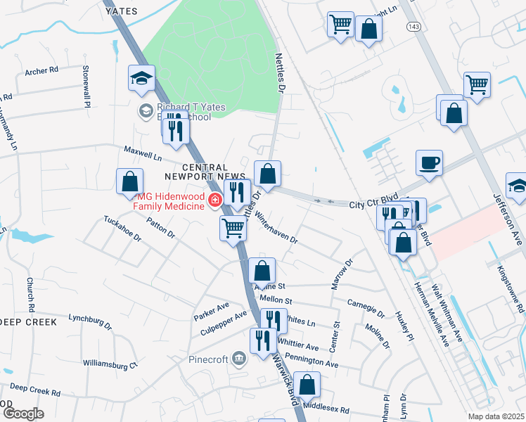 map of restaurants, bars, coffee shops, grocery stores, and more near 23 Sarah Court in Newport News