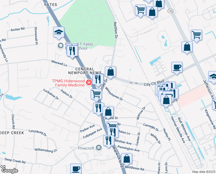 map of restaurants, bars, coffee shops, grocery stores, and more near 23 Sarah Court in Newport News