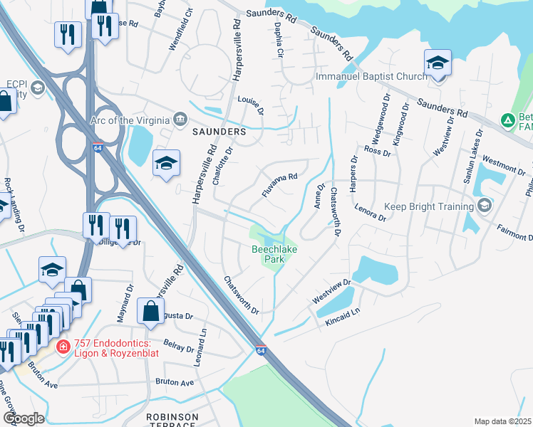 map of restaurants, bars, coffee shops, grocery stores, and more near 904 Fluvanna Road in Newport News