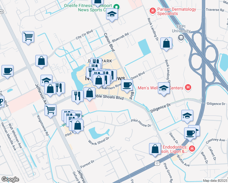 map of restaurants, bars, coffee shops, grocery stores, and more near 11810 Fountain Way in Newport News