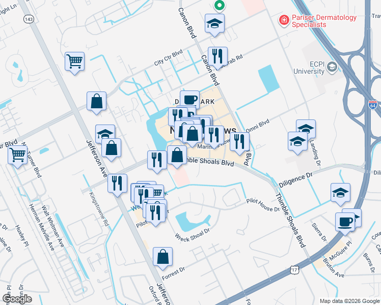 map of restaurants, bars, coffee shops, grocery stores, and more near 11800 Merchants Walk in Newport News